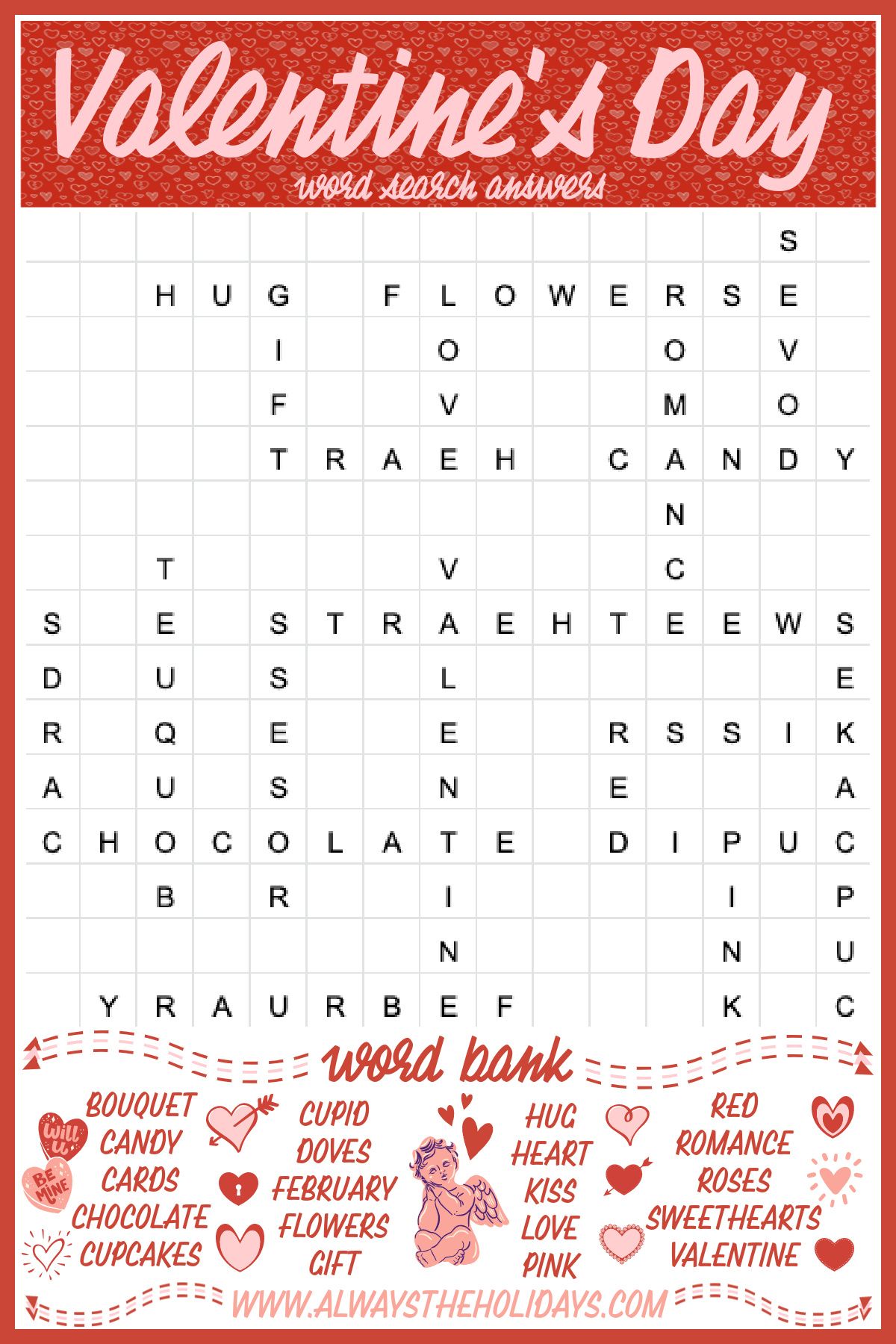 free valentine's day word search printable - answer key included